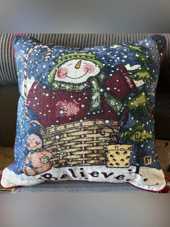 Longaberger Snowman Tapestry Gingerbread Holiday Pillow Red and Green Accents