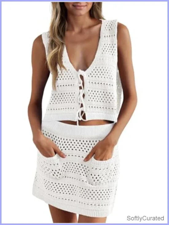 Crochet Swim Cover Up 2 Piece V Neck Sleeveless Front Tie Crop Top Mini Skirt
