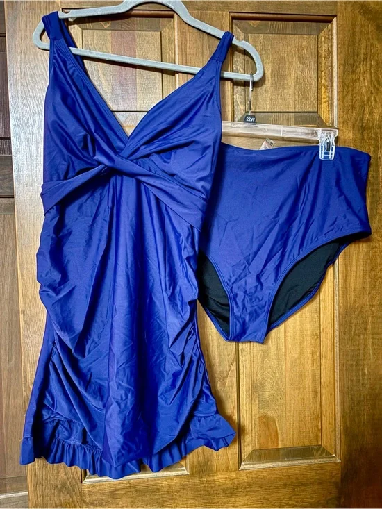 Source Unknown Royal Blue Twist-Front Swimdress with High-Waist Bikini Bottoms