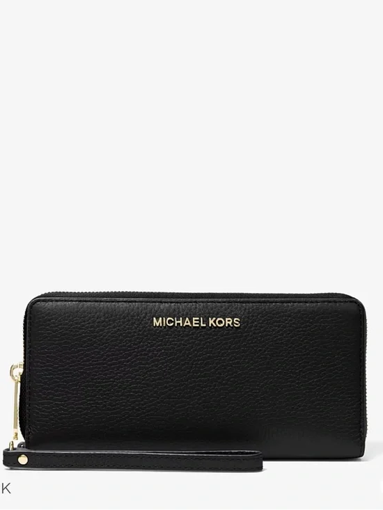 Michael Kors Black Pebbled Leather Wristlet Zip Wallet with Gold Logo