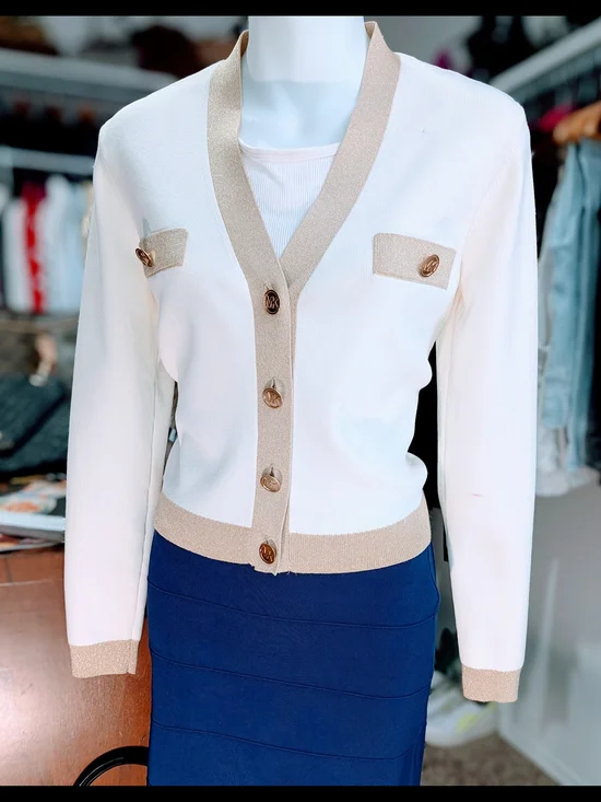 Michael Kors Cream Cardigan with Tan Trim and Navy Accent