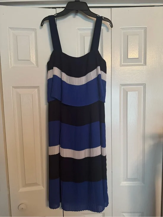Michael Kors Blue & White Striped Pleated Midi Dress