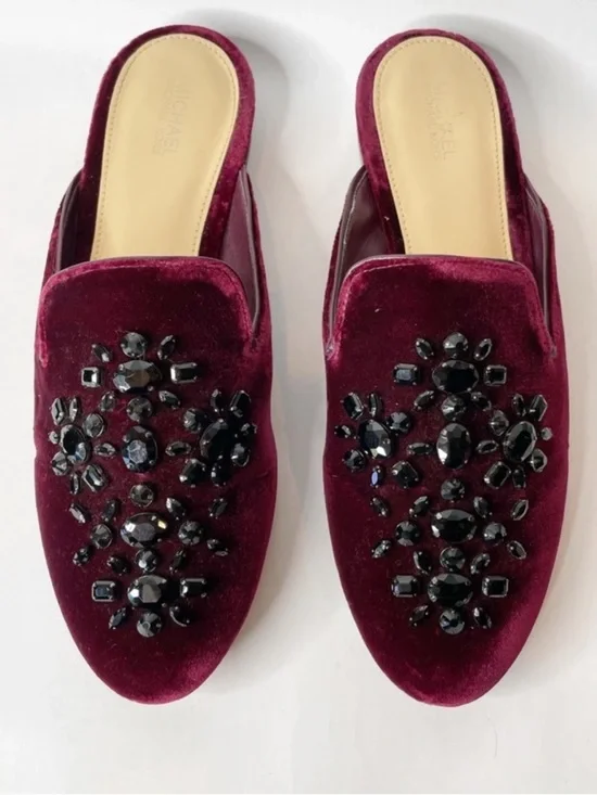 Michael Kors Womens 7.5 Shoes Edie Embellished Velvet Slide Slip-Ons   Burgundy