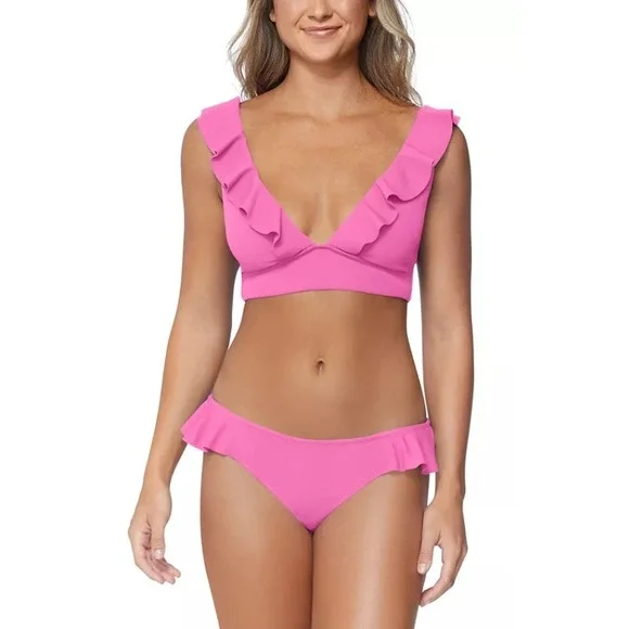 Raisins‎ Canne Bikini Set Women Large Pink Ruffle V-Neck $96 Resort Cruise NWT