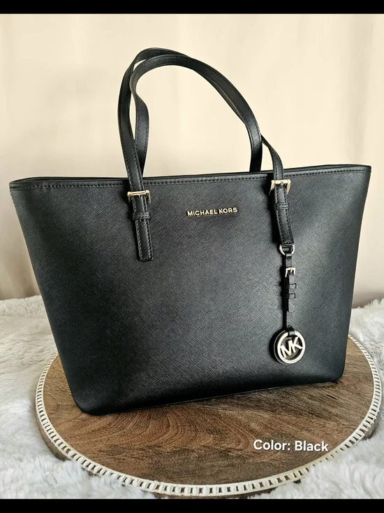Michael Kors Black Saffiano Tote with MK Charm and Gold Hardware