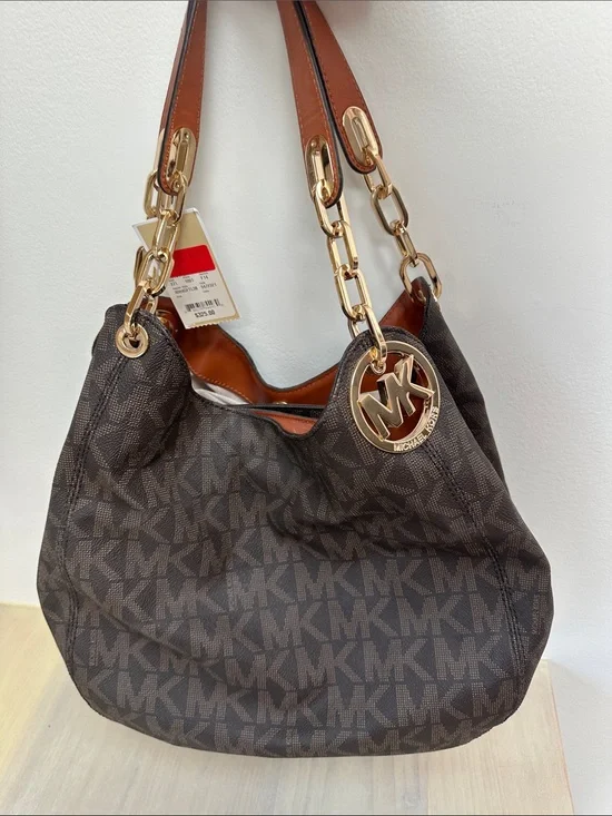 Michael Kors Dark Brown Monogram Shoulder Bag with Gold Hardware