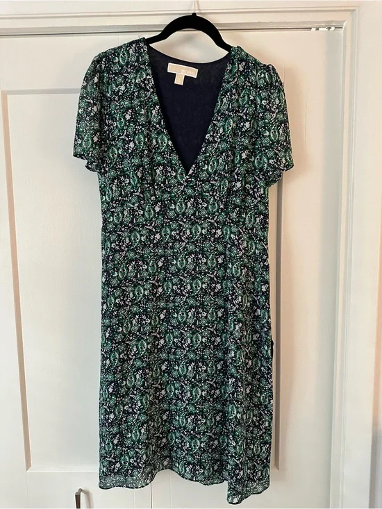 Michael Kors Green Paisley V-Neck Midi Dress