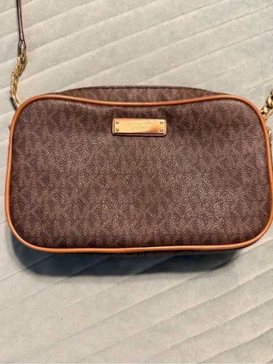 Michael Kors Brown Monogram Crossbody with Tan Trim and Gold Hardware