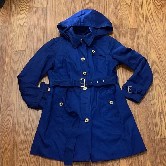 Michael Kors Blue Belted Hood Lined Trench‎ All Weather Gold Buttons Women’s Med