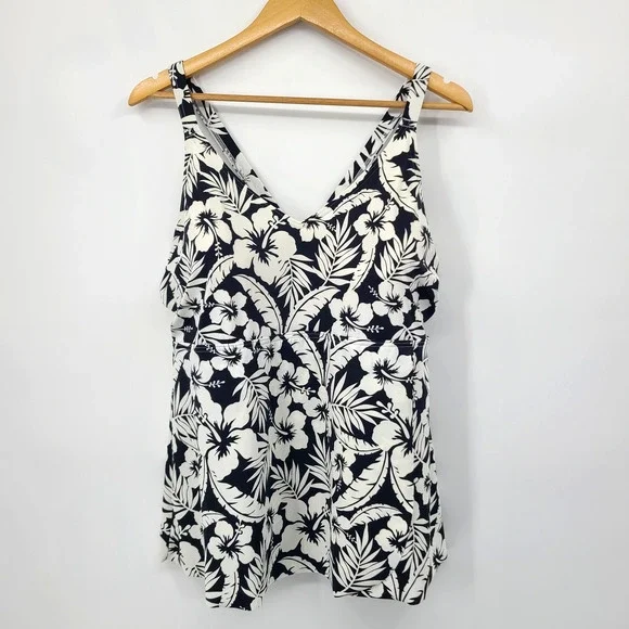Lands End Floral Cross Back V-Neck Tankini Top Classic Tropical Hibiscus Size 1X