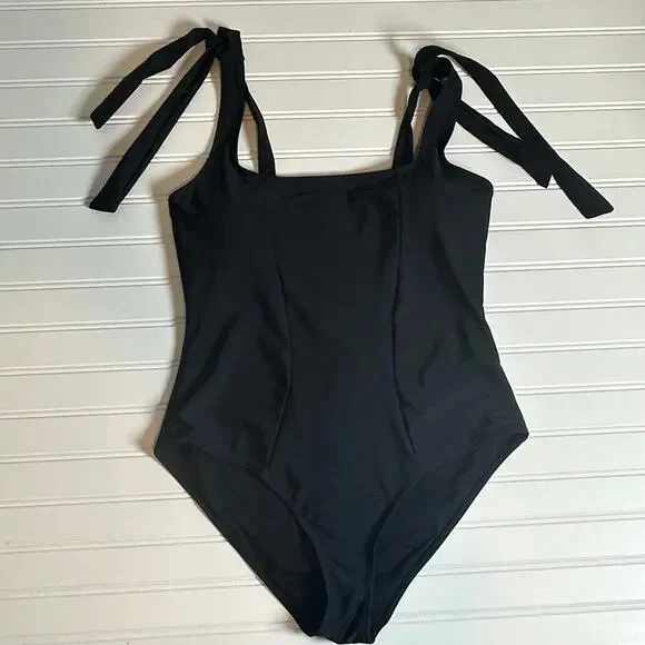 AI’MAGE Women Black One Piece Swimsuit Square Neck Tie Shoulder Size L