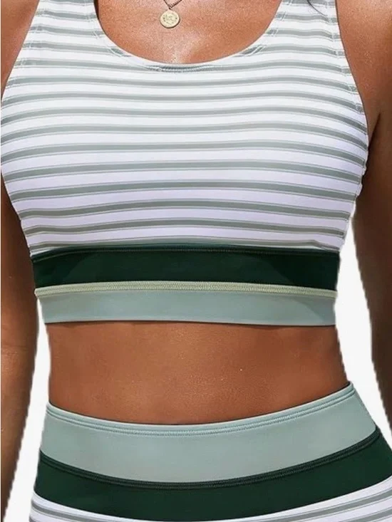 Striped Sage & White Bikini Top with Dark Green Band - Women