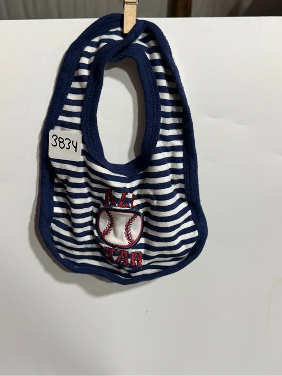 #3834-Striped Navy & White Baby Bib with Baseball Embroidery