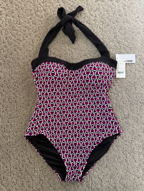 Lands End Geometric Retro One-piece Swimsuit Halter Bathing Suit Women SZ S NWT
