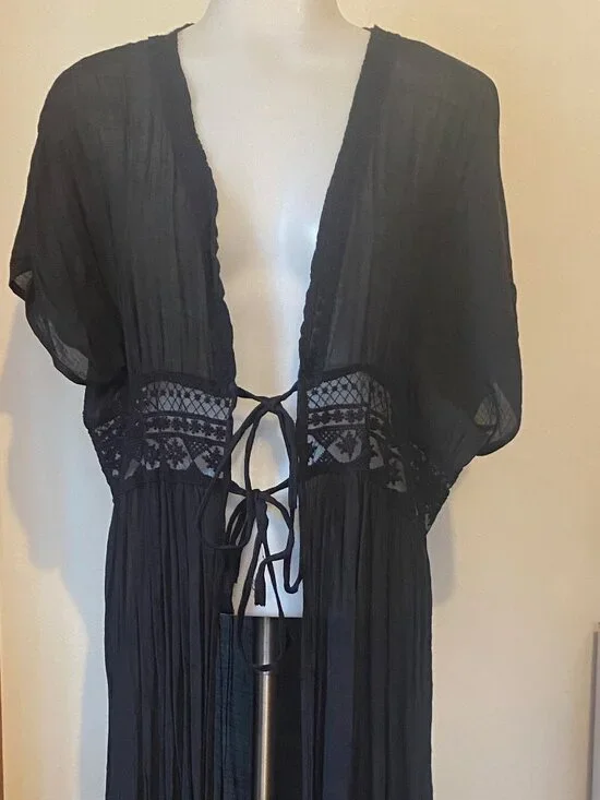 Black Sheer Lace Trim Tie Front Long Kimono Duster Cover Up