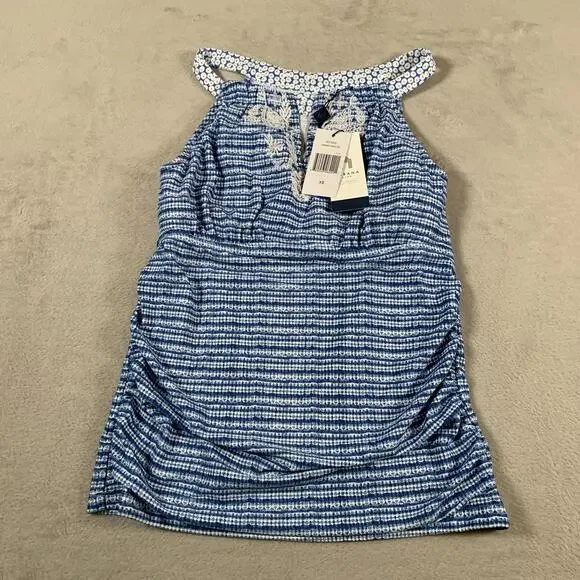 Cabana Life Charleston Tankini Top Womens XS‎ Blue White Embroidered Swim 50+ UV