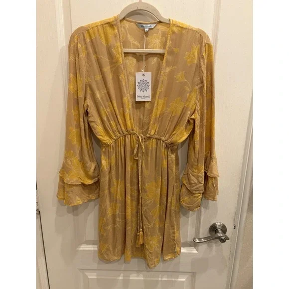 Blue Island Women's Flow‎ Sleeve Swimsuit Cover Up Dress EJ3 Yellow Medium NWT