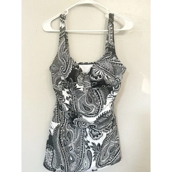 Jantzen Swim Dress Size 14 Slimming Ceramic Black White Beach Resort Swimsuit