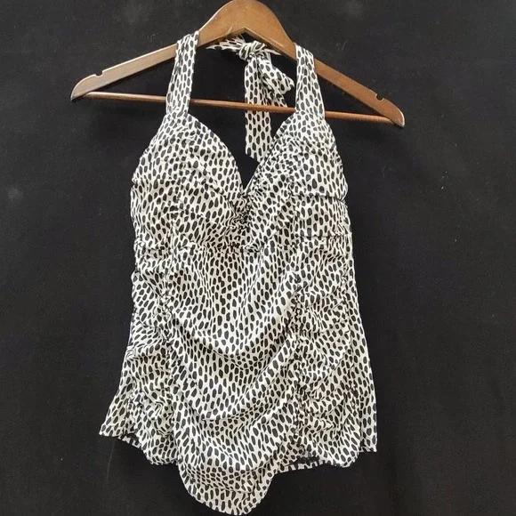 Lands End Womens Ruched Halter Swim Tankini Top‎ Size 10 Black White Vacation