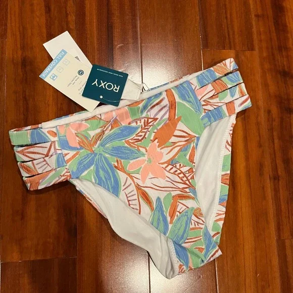 ROXY Bikini Bottom Swim Tropical Floral Leaf Ribbed Blue Multi New NWT Size XS‎
