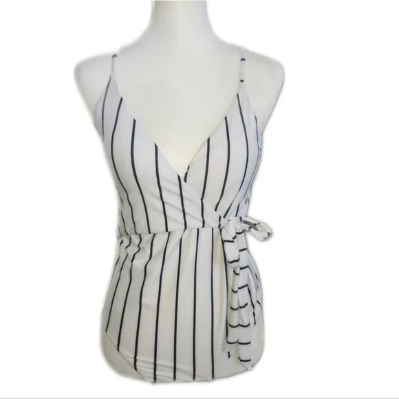 White & Black Stripe Wrap Top One Piece Swimsuit Bathing Suit, Medium