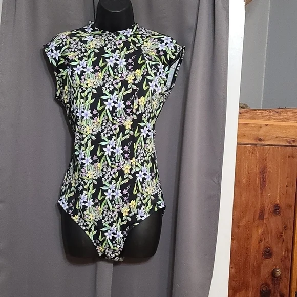 Unbranded Swimsuit Black Floral Modest Semi-Backless Ties Cruise Beach Sz 14 EUC