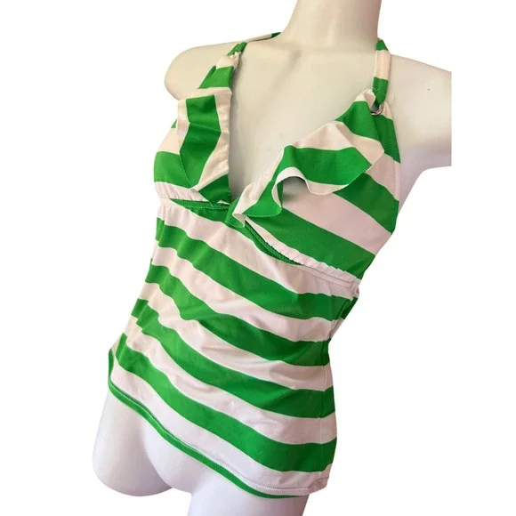 Y2K 2000s style Ralph Lauren Green White Striped Ruffle Halter‎ Tankini Swim Top