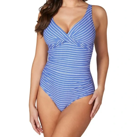 NipTuck Riviera Blue‎ & White Stripe Joanne One Piece Swimsuit. Size 4.