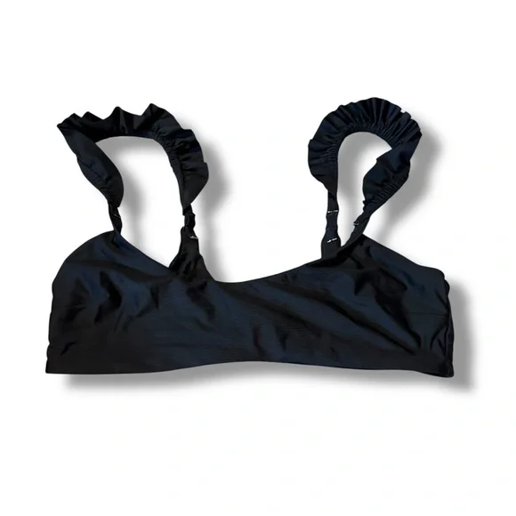 Aerie‎ Bikini Top Women’s Size Large Black Scoop Neck Ruffle Strap Swim