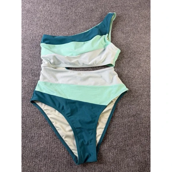 Women's‎ One Shoulder Monokini One Piece Swimsuit Size M Blue Green Cutout