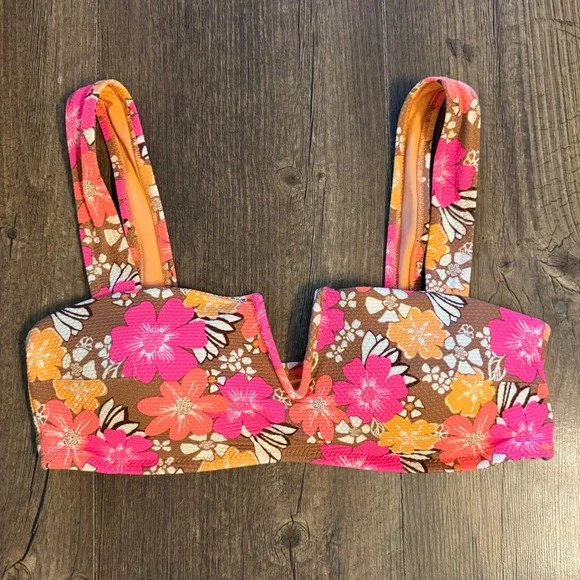 Aerie Bikini Top Medium Brown Pink Floral V-Wire Textured Swim Groovy 70s Retro