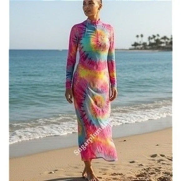 KToo Tie-Dye Pink Orange Mesh Swim Maxi Coverup LARGE Hyperpop Vacation‎ Beach