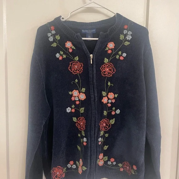 Vintage cottagecore Grandmacore Navy Floral‎ Embroidered Cardigan Jacket