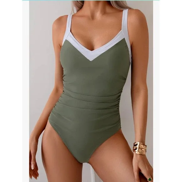 Eagerbuy Ruched One Piece Swimsuit‎ Criss Cross Back V Neck Bathing Suit Olive