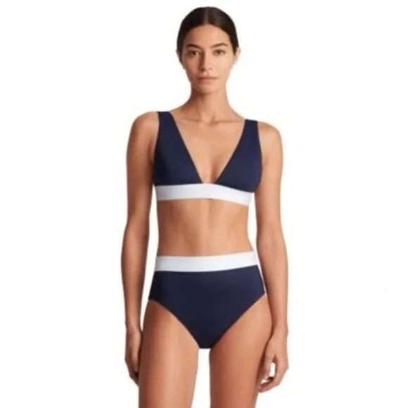 Lauren Ralph Lauren Womens Navy Blue White Bikini Set High Waist Swimsuit Sz 6