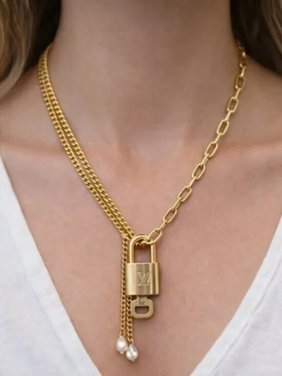 Authentic Louis Vuitton Gold Lock with Unbranded Stainless Real FreshPearl Chain