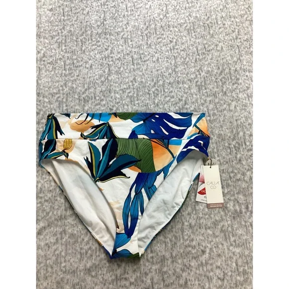 CALIA Womens XXL Wide Banded High Rise Bikini Bottom Botanical Print White NEW‎