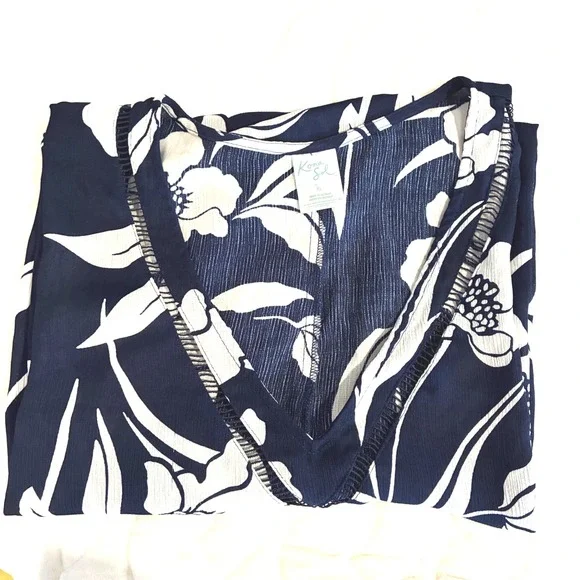 Kona Sol Floral Swim Cover Up‎ Tunic Top Navy White V Neck Casual Womens-XL