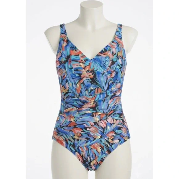 Maxine of Hollywood 1 Piece Swimsuit 16 Blue Abstract Foil Ruching Tummy Control