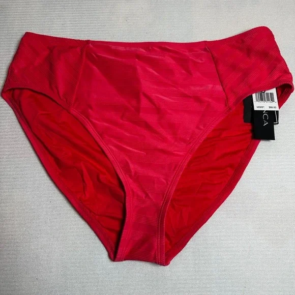 LA BLANCA High‎ Waist Bikini Bottoms Red Textured Stripes Swimwear Size 16 NWT