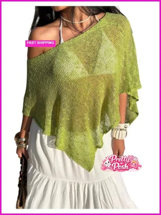Sheer Crochet Knit Poncho Beach Cover Up Cape Top Dolman Sleeves