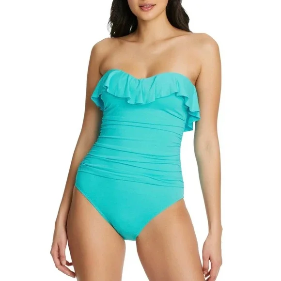 Bleu Rod Beattie Ruffle‎ Bandeau One Piece Swimsuit Teal Turquoise Size 6