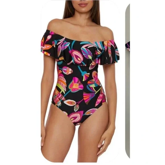 Trina Turk Womens Luminary Ruffle Floral  Off Shoulder One Piece Swimsuit 6 Swim