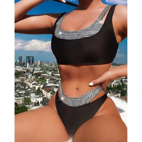 SHEIN Bikini Set Women Large Black Silver Metallic Layered‎ High Cut L