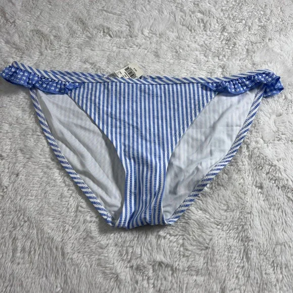 Aerie Seersucker‎ Stripe Ruffle Bikini Bottom Blue White 1753-2909 Size Small