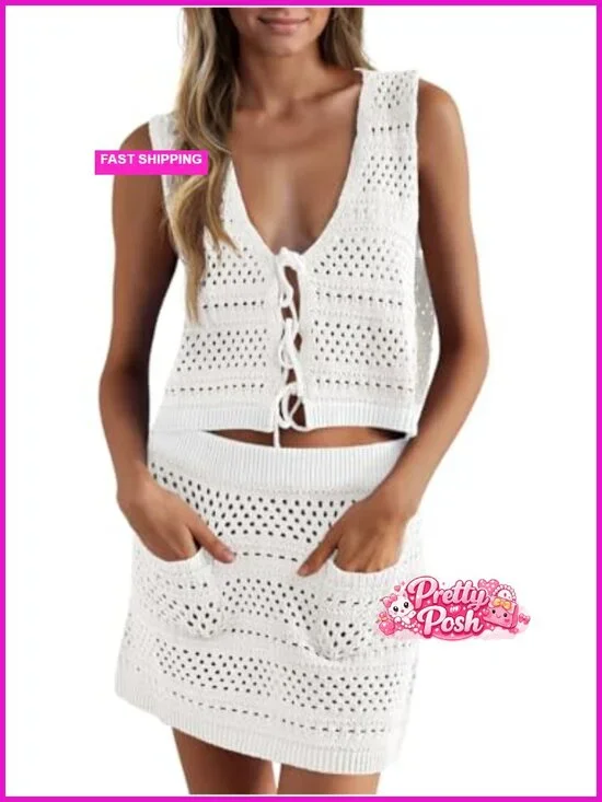 Crochet Swim Cover Up 2 Piece V Neck Sleeveless Front Tie Crop Top Mini Skirt