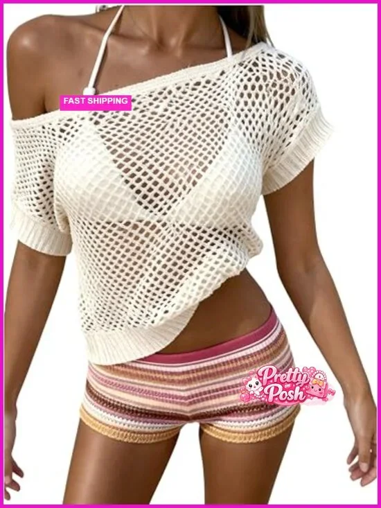 Women's Crochet Fishnet Off Shoulder Top Knit Tee Bikini Cover Up