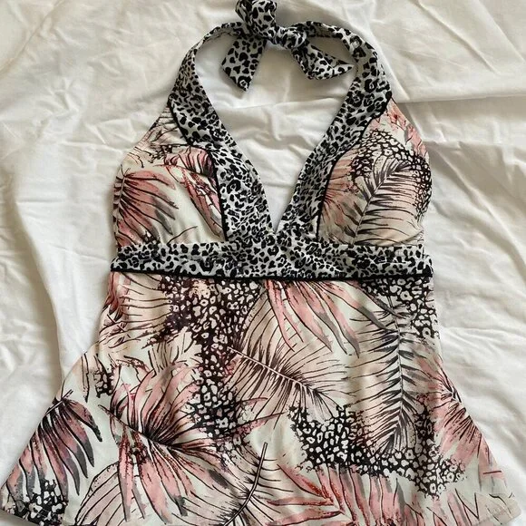 VENUS Athens halter tankini (top) pink blk animal leopard tropical, sz 6 EUC