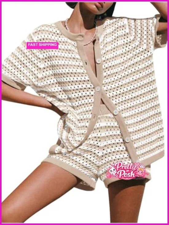 Women's Crochet Knit 2 Piece Short Set Swimsuit Coverup