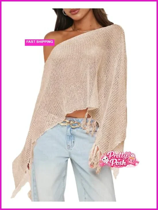 Sheer Knit Fringe Poncho Asymmetric One Shoulder Beach Cover Up